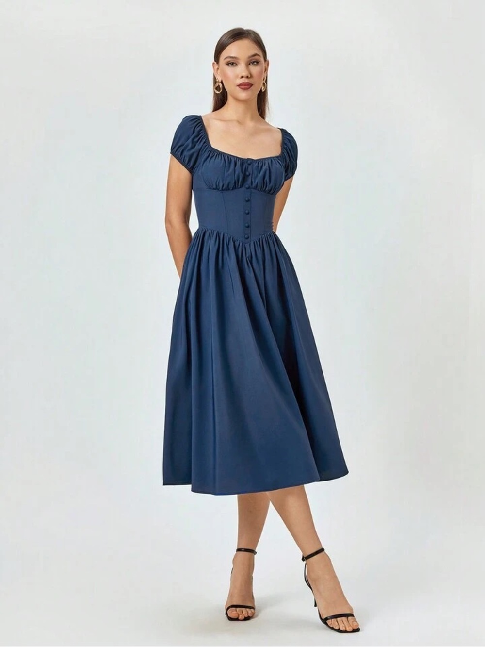 SHEIN Navy Square-Neck Midi Dress with Puff Sleeves